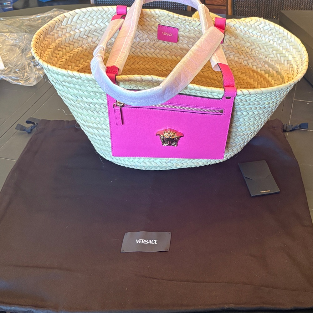 Versace Pink Trim Straw Tote with Medusa Plaque